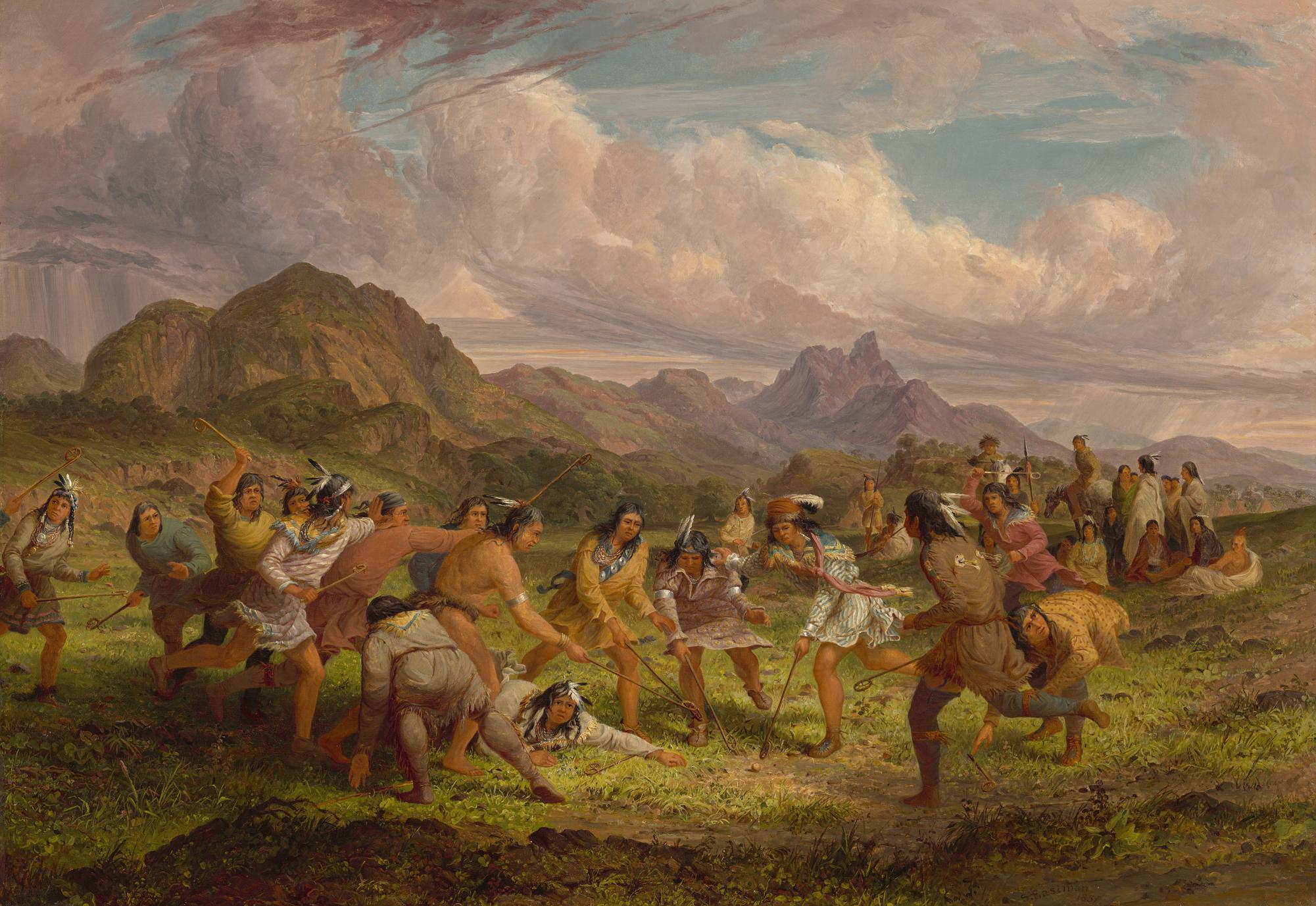 Created by artist Seth Eastman in 1851, the painting “Ball Playing among the Sioux Indians” depicts a group of Indigenous people in the midst of a competitive ball game.