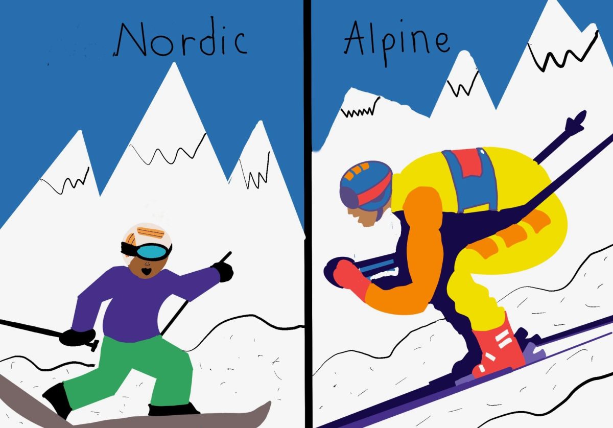 Alpine skiing is downhill racing while nordic skiing is on relatively flat terrain