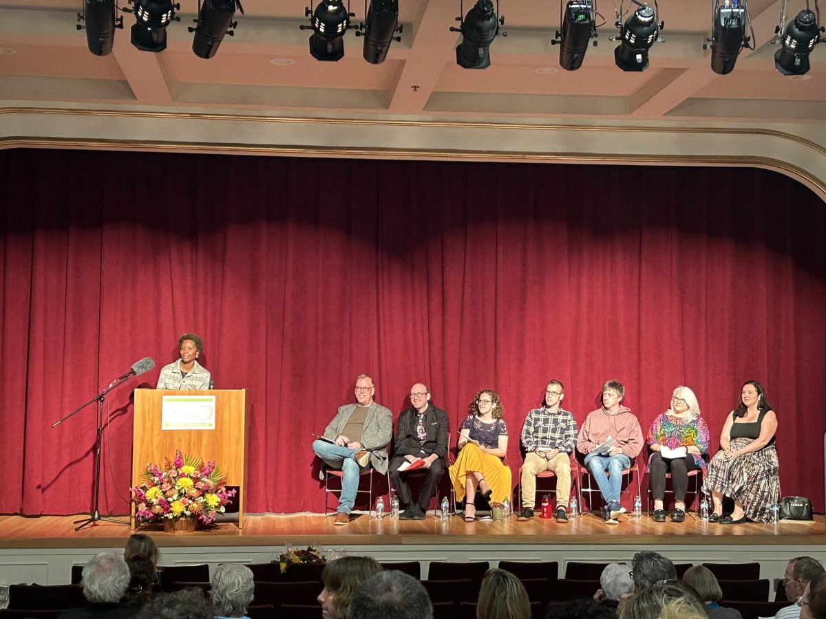 Teachers speak on experiences they wrote about during their summer Metzger Fellowship in the Lincoln School Auditorium on Thursday, Oct. 10. 