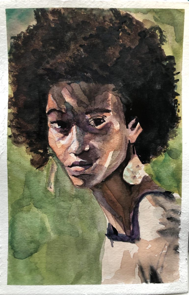 Maya Huling paints watercolor portraits of people. They wish to represent the specific emotions that lie within a singular person as revealed in their focus on faces. 