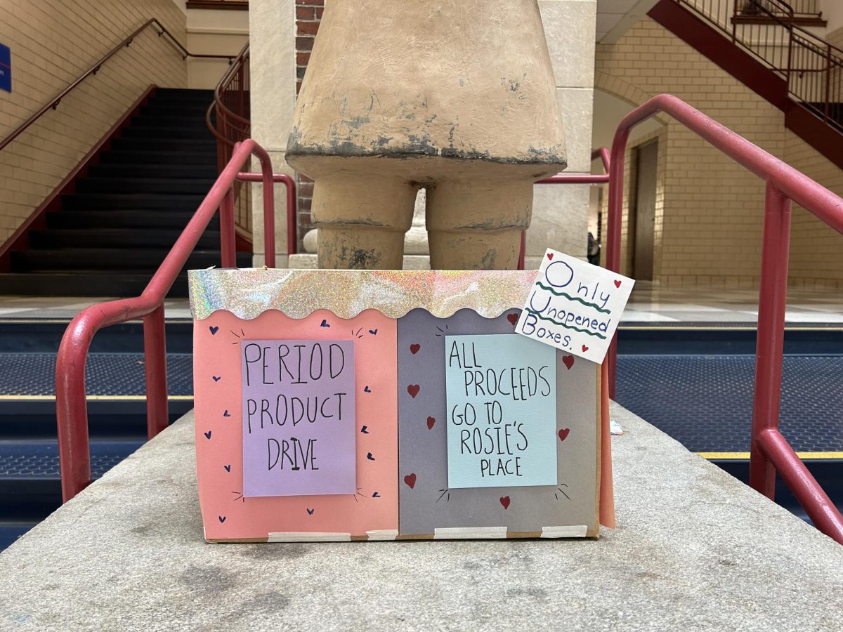 The Gender Equality club has a box set up in the atrium for period product donations. All contributions go to Rosie's Place, a women's shelter. 