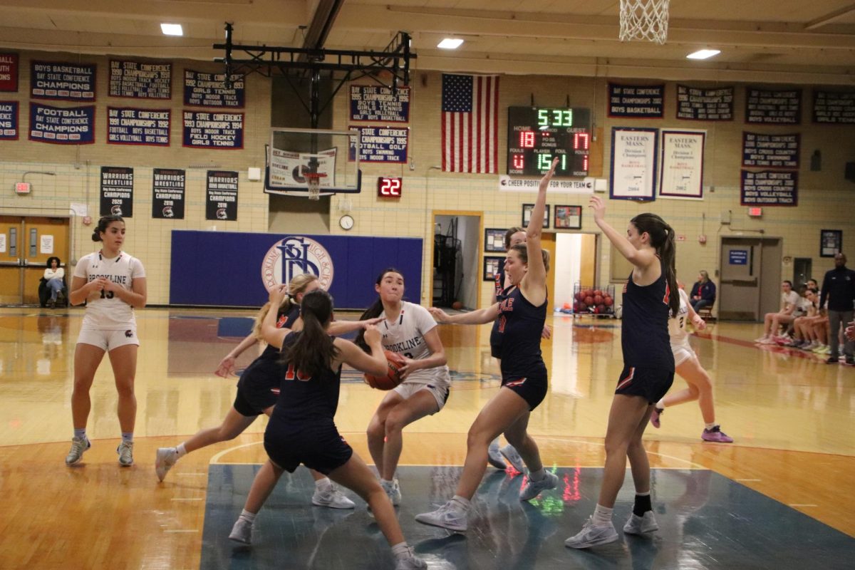 Freshman Skylar Makalusky holds her ground against four Timberwolf defenders on Tuesday, Jan. 14 in the Schluntz Gymnasium. The girls varsity basketball team lost 48-43.