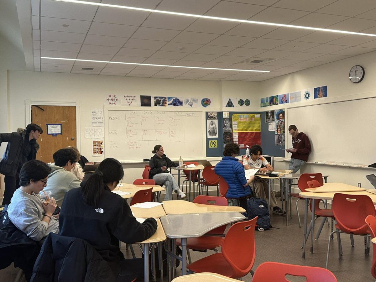  Students in David Knott’s Linear Algebra class go over their tests. Linear Algebra can only be taken by students who have skipped to Calculus BC their junior year or earlier.